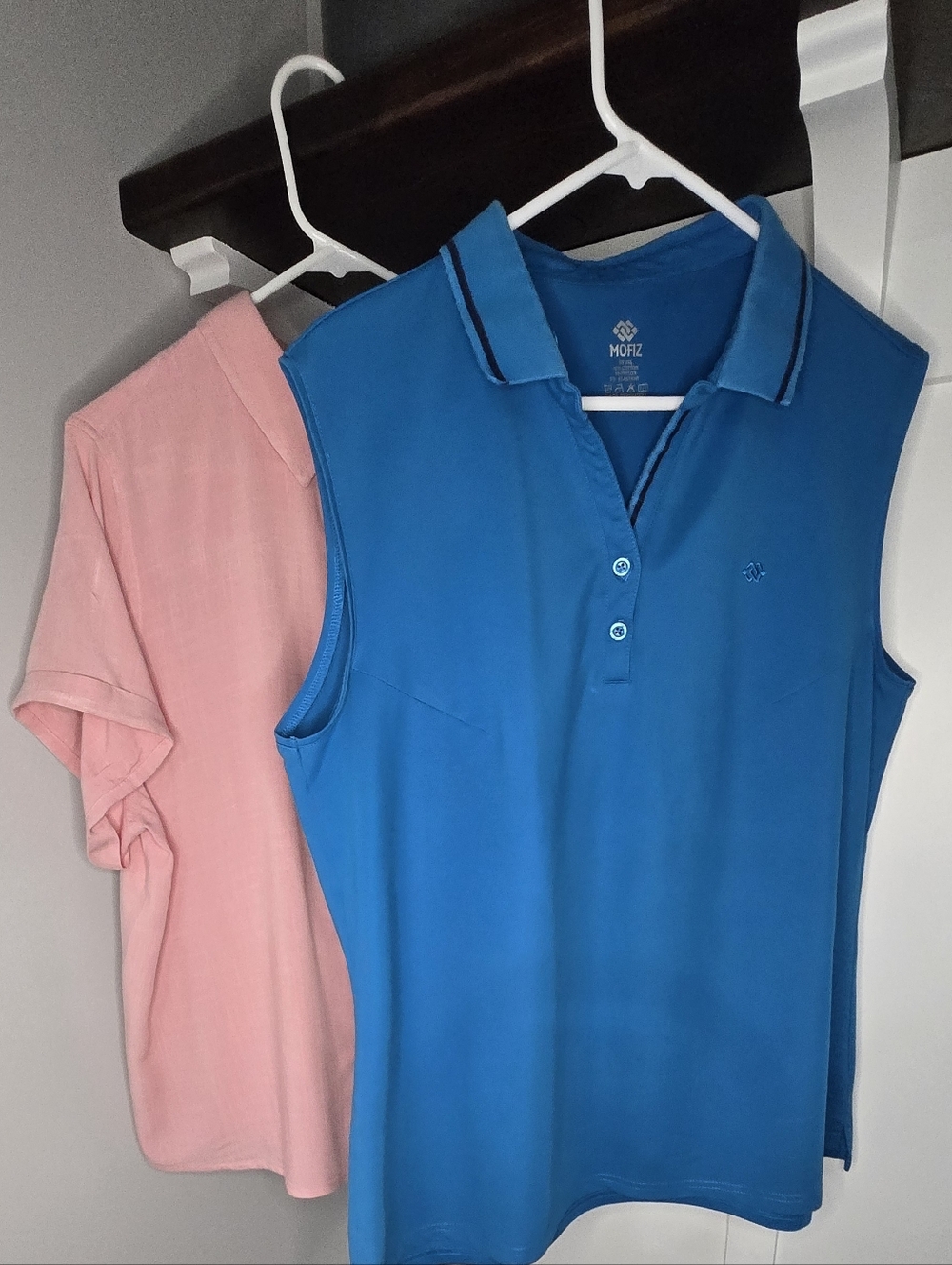 2 Wome's Tops. Bright Blue Sleeveless Polo Top and Light Pink Short Sleeve Rayon